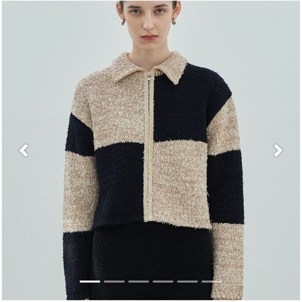 Diagonal Pluffy Block Zip Up Jacket Black Tan Sz M/L Cotton Boho Light Academia